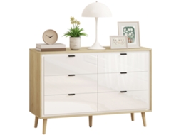 Cômoda 6 Gavetas Cômoda Quarto Com Pernas De Madeira Cômoda Para Sala Escritório Estilo Moderno 110x40x75 Cm Branco Brilhante E Carvalho