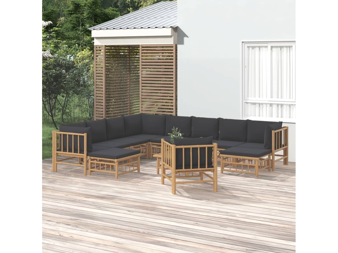 12 unidades Conj. Lounge De Jardim Bambu C/ Almofadões Cinza Escuro Dkd Home Decor