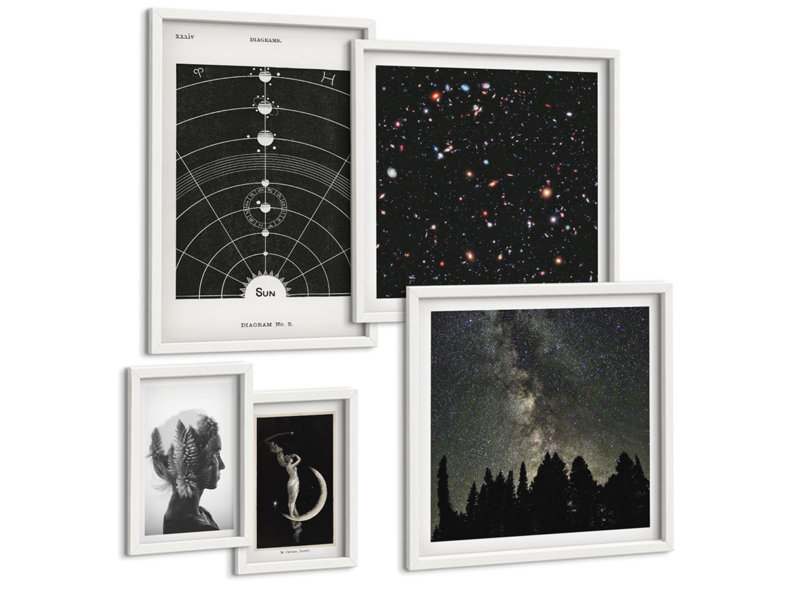 Galeria De Pinturas Murais Sistema Solar, Figura Noturna Moldura Branca Quadros Para O Escritório Espelharte (conjunto De 5 Imagens)