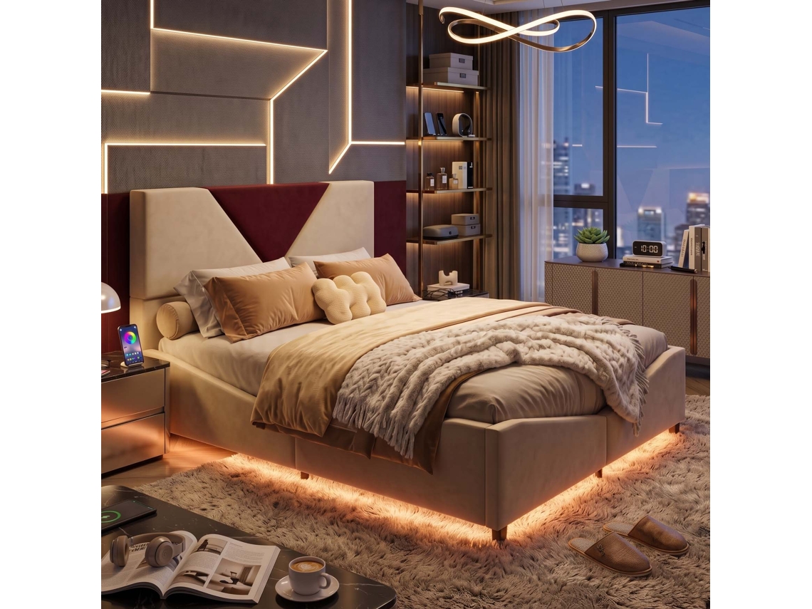 Lazyspace Cama De Casal Estofada Em Veludo 140x190 Cm Com Iluminação Led E Arrumação Hidráulica - Bege E Vinho