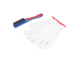 Conjunto de escovas de aço inoxidável com cabo de silicone confortável e luvas portáteis para rodas e pisos.