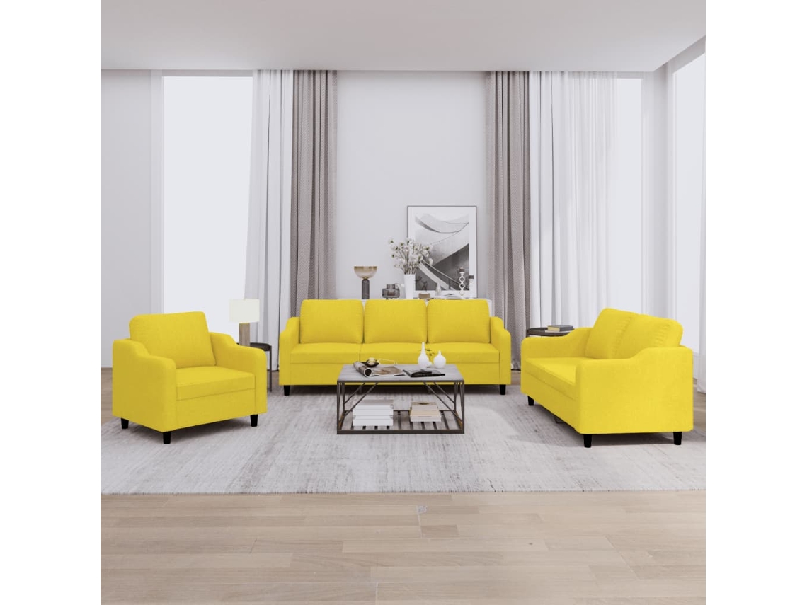 Vidaxl 3 Pcs Conjunto De Sofás Com Almofadões Tecido Amarelo-claro