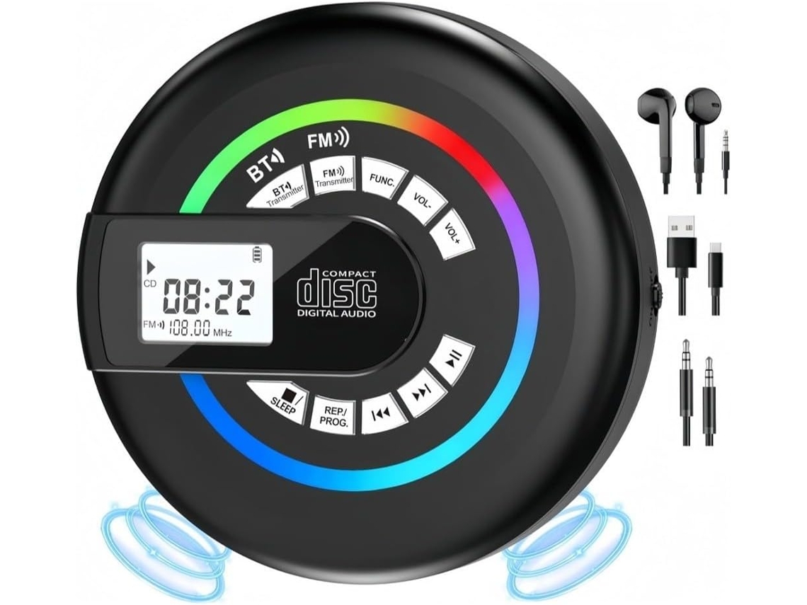 Leitor De Cd Portátil Sem Fio Para Boombox Com Rádio Fm, Mp3, Entrada Usb, Aux, Proteção Anti Pulos Para Casa E Carro