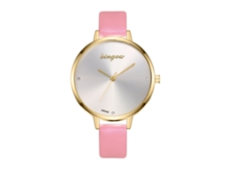 Relógio de Pulso Feminino Analógico de Quartzo com Pulseira Pu Clássico Simples Rosa