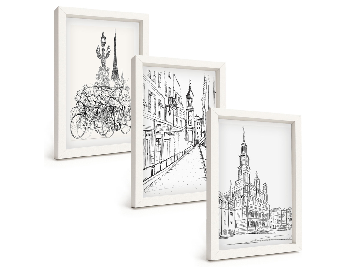 Composição De Quadros Desenhos Simples De Paisagens Urbanas Espelharte (3 Peças 20x30 Cm)