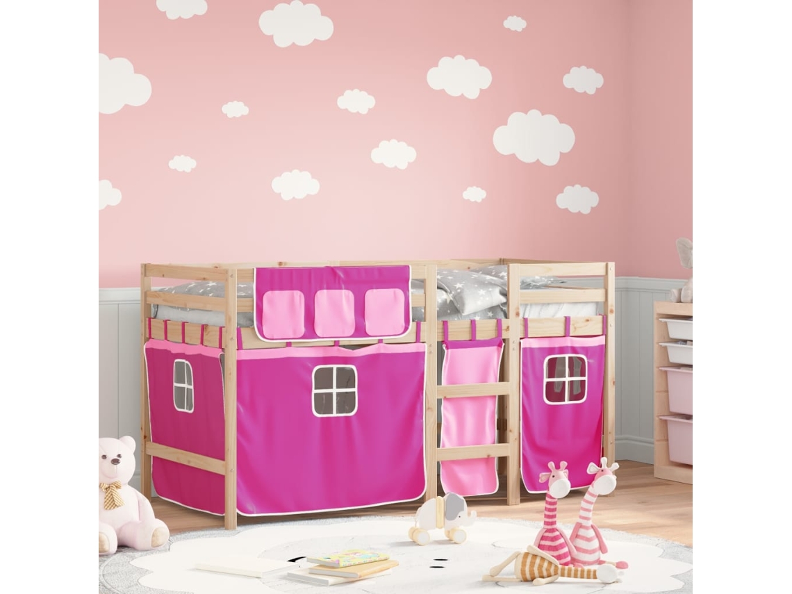 Cama Alta P/ Criança C/ Cortinas 80x200 Cm Pinho Maciço Rosa