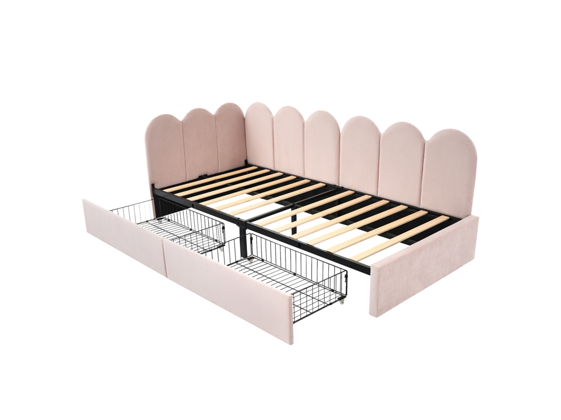 Cama Estofada de Solteiro Rosa com Gavetas PAPRIKA