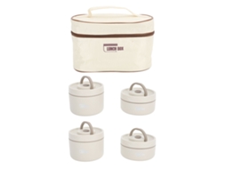 Conjunto de 4 Peças Bege: Lancheira Térmica em Aço Inoxidável 304 com Bolsa Térmica Redonda Portátil. MDUG