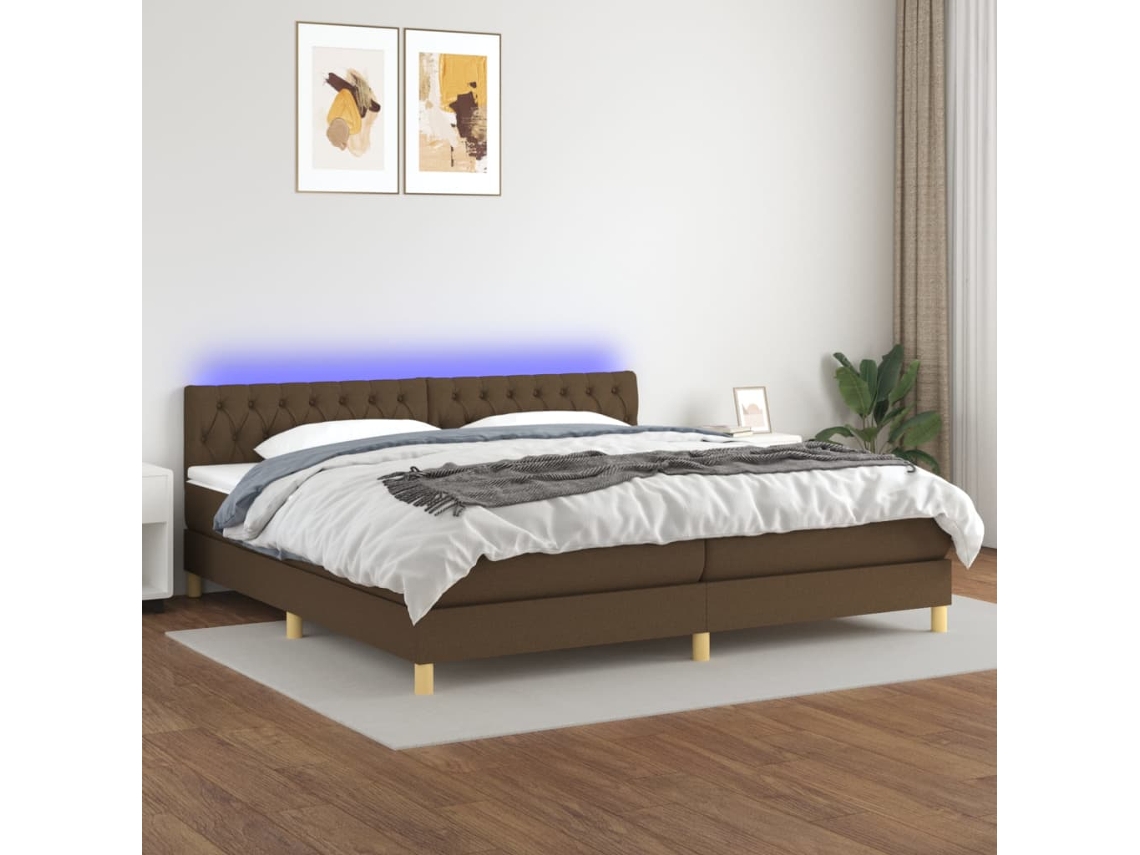 Cama Box Spring C/ Colchão/led 200x200cm Tecido Castanho-escuro