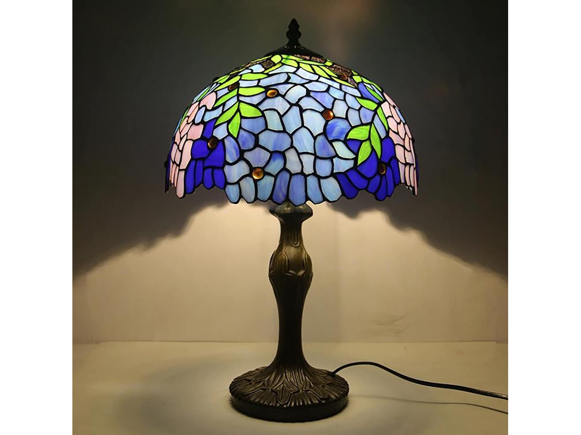 Abajur De Mesa 30cm Em Estilo Tiffany Com Vitral, Cúpula Em Formato De Glicínia, Base De Metal Antigo, Ideal Para