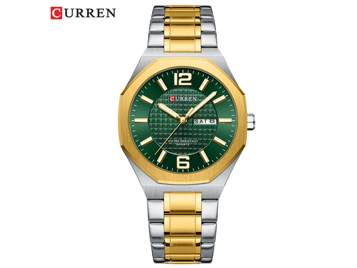 Relógio MDUG de Quartzo, À Prova D'água, Pulseira de Aço, Calendário, Octogonal, Verde