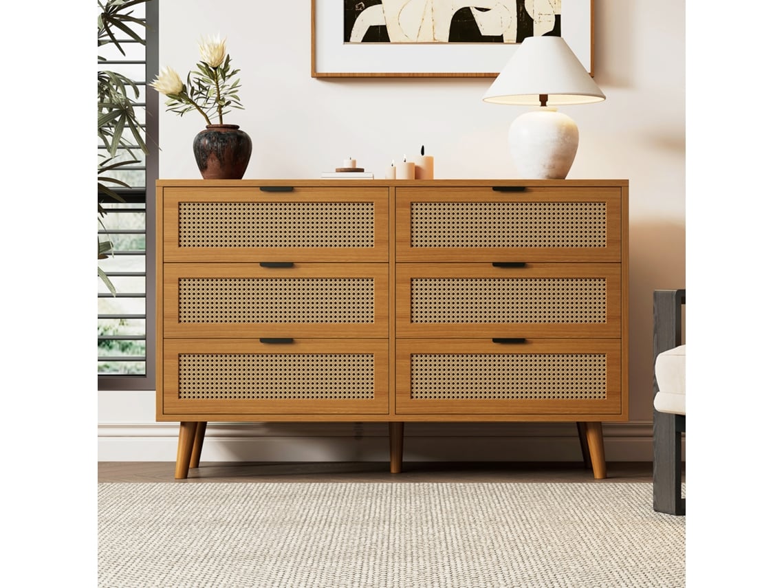 Buffet Baixo Com 6 Gavetas Natural Escuro Estilo
