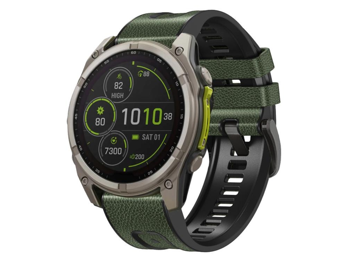Bracelete para Garmin em couro e silicone com liberação rápida e fivela de aço preta verde exército (26mm)
