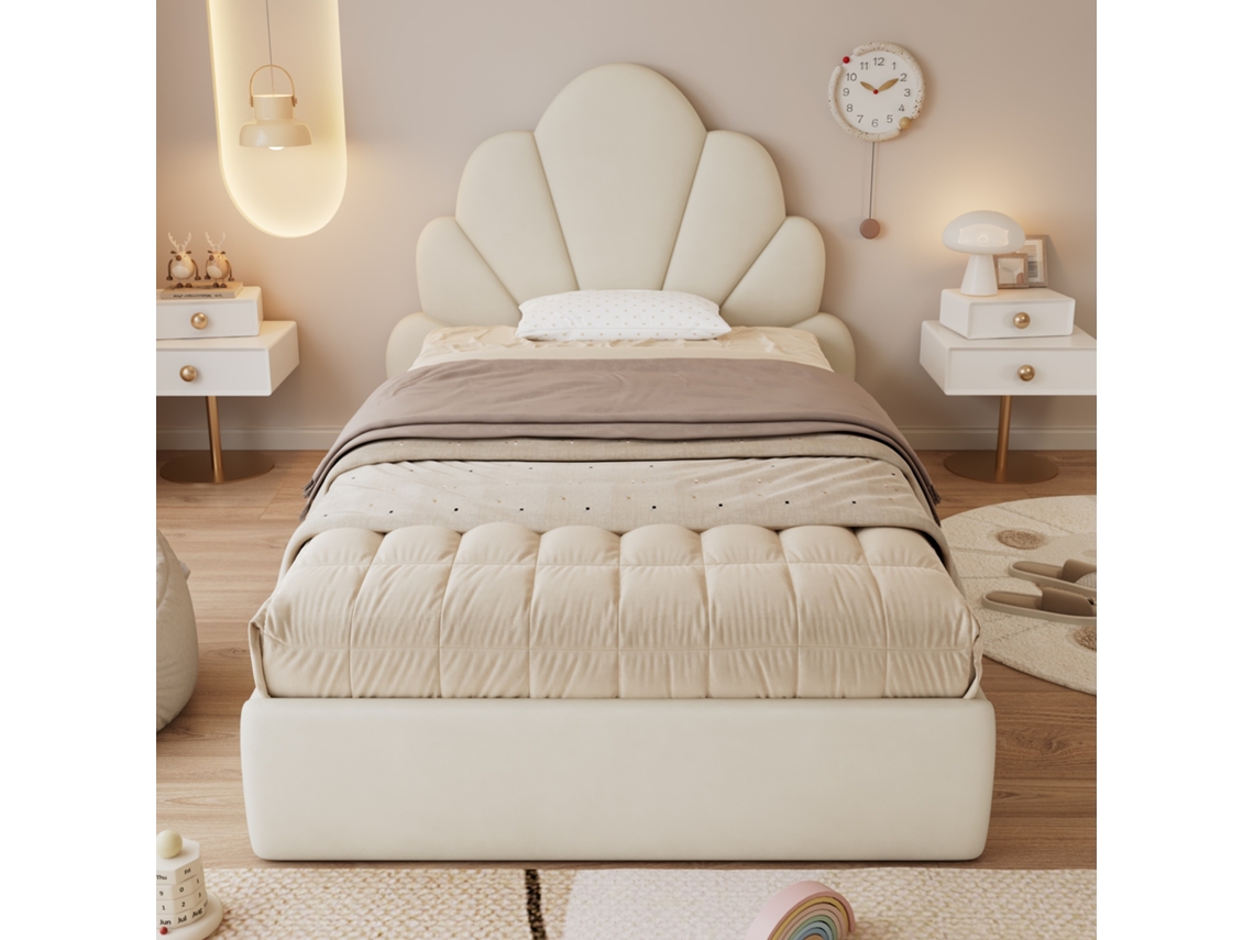 Cabeceira simples de 90 x 200 cm com pétalas curvas, design simples e moderno, estrutura em veludo bege.