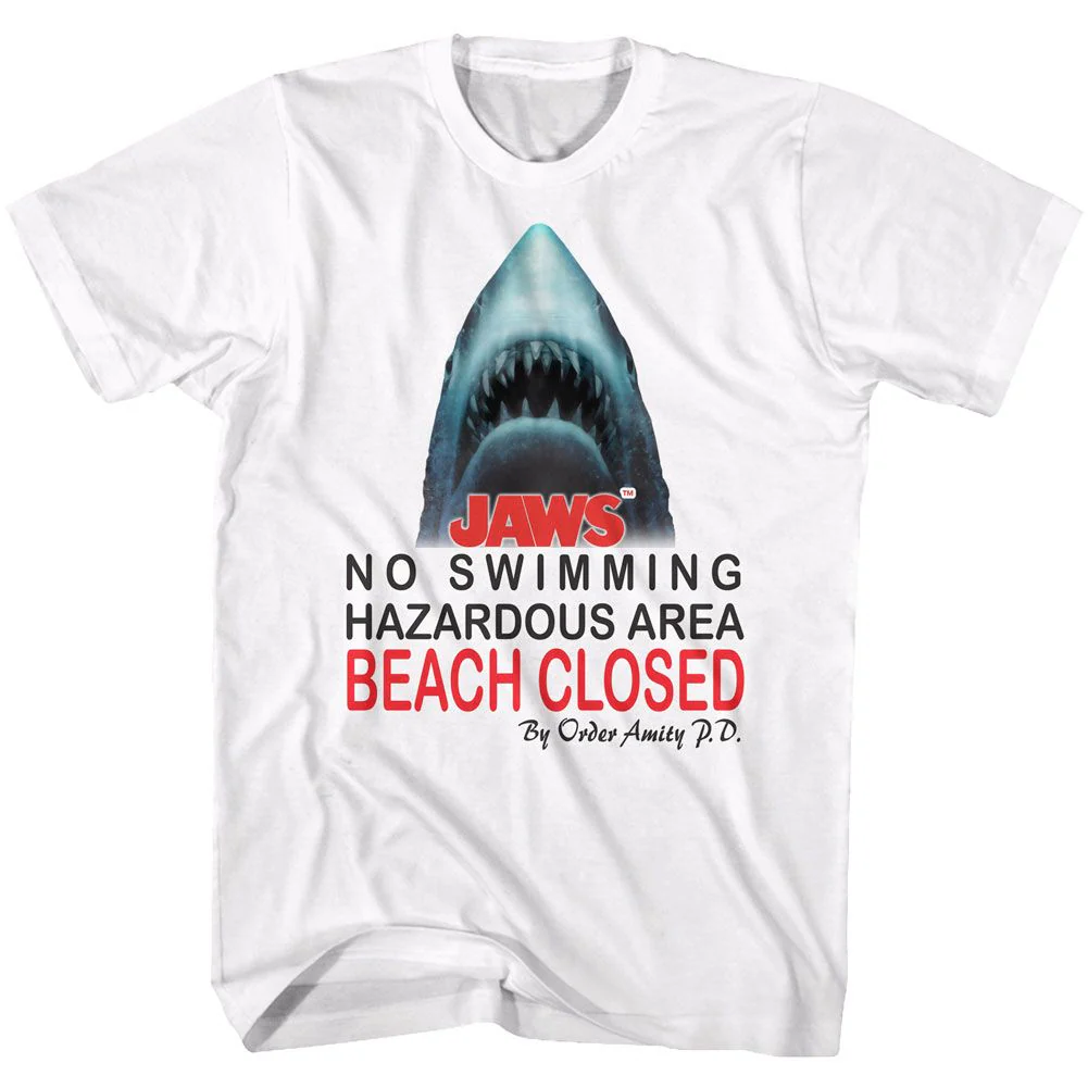 Unisex Adult T-shirt Rockinstone Jaws Movie Beach Closed White Sizexxxl
