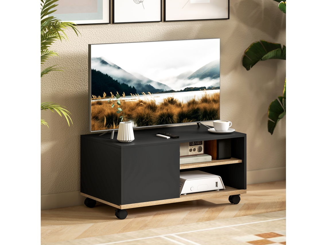 Móvel de Tv C/rodas para Televisores Até 42 Polegadas com 1 Porta 2 Compartimentos Abertos Prateleira 80x45x41 Cm Preto