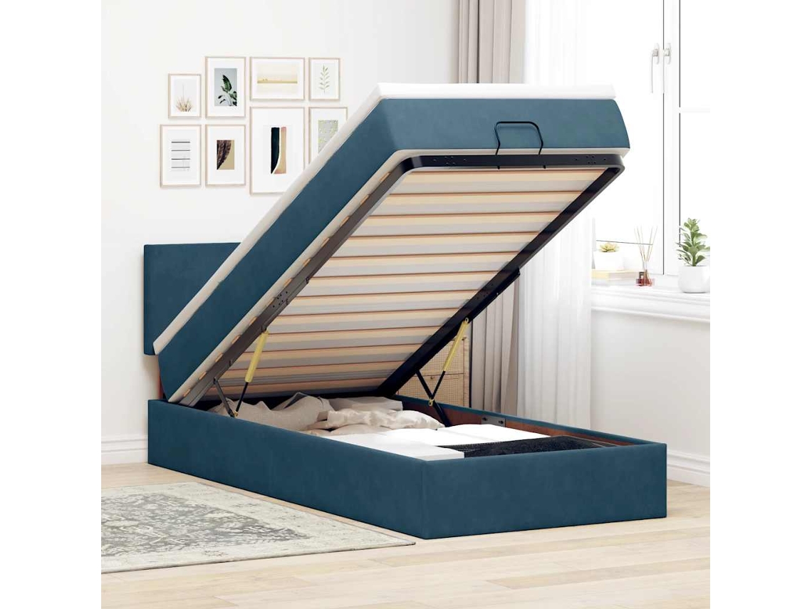 Vidaxl Estrutura De Cama Otomana Com Colchão Azul Escuro Veludo