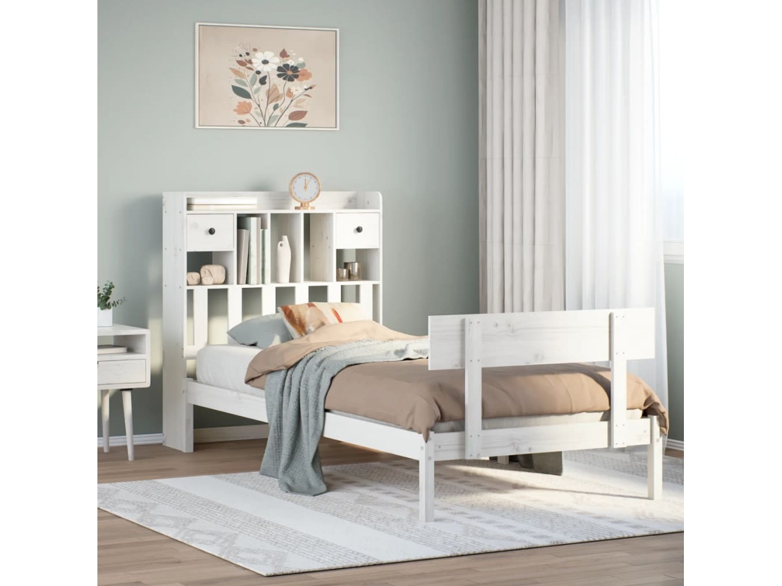 Cama Com Estante Sem Colchão 75x190 Cm Pinho Maciço Branco
