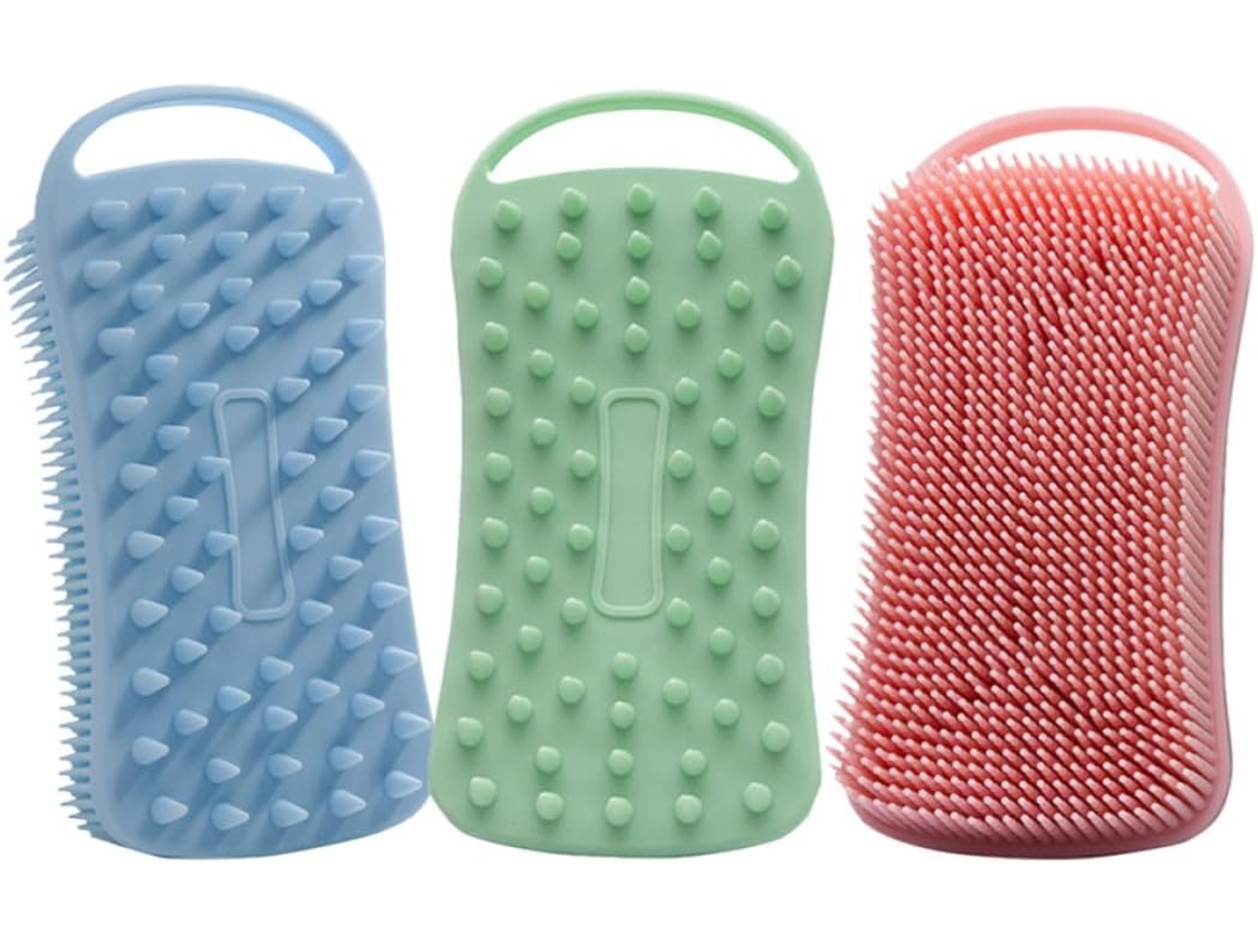 Conjunto de 3 escovas de banho Dupla Face de silicone para corpo, esfoliação e massagem.