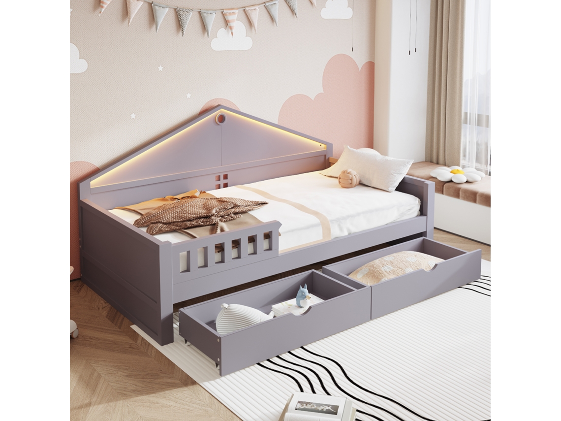 Cama Infantil 90x200 Com Led, Gavetas, Ripas E Acabamento Cinza
