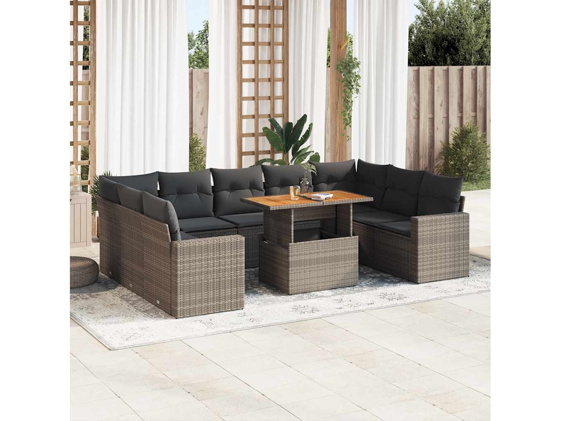 Vidaxl 10 Pcs Conjunto Sofás De Jardim C/ Almofadões Vime Pe Cinzento