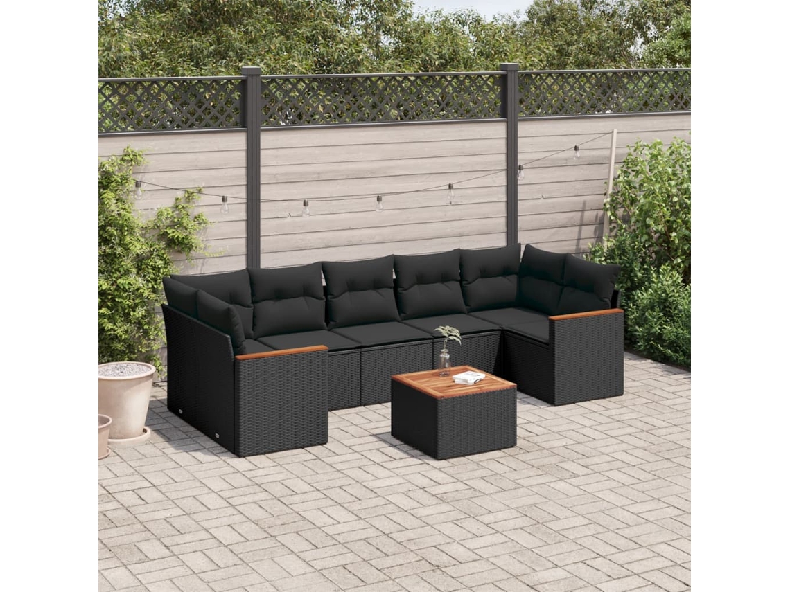Vidaxl 8 Pcs Conjunto Sofás De Jardim Com Almofadões Vime Pe Preto