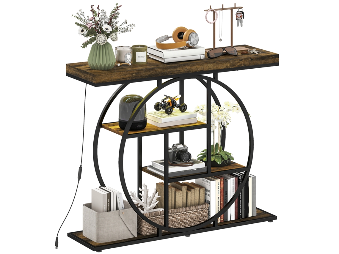 Console com iluminação LED, mesa com 4 níveis e prateleiras abertas, marrom rústico e preto BTFORUS (100cm)
