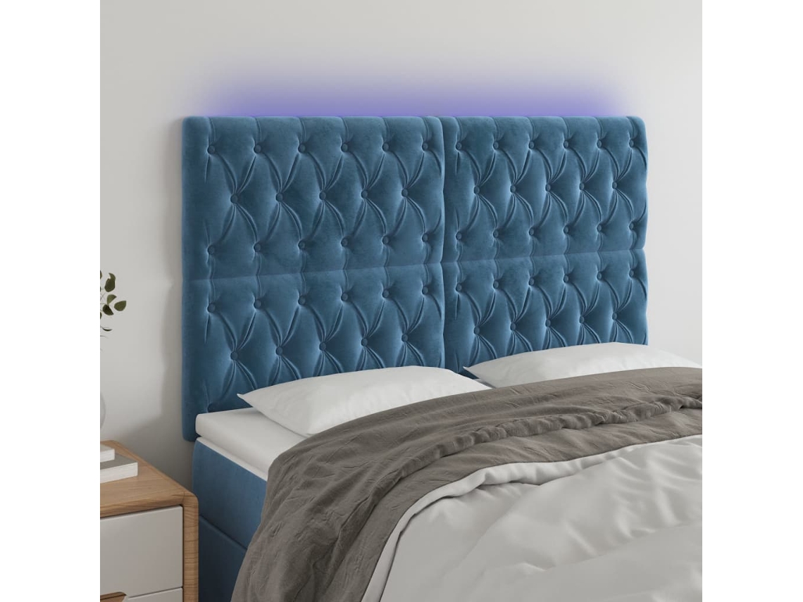 Cabeceira Camapainel De Cabeceira C/ Luzes Led Veludo 160x7x118/128cm Azul Escuro Lovely Home