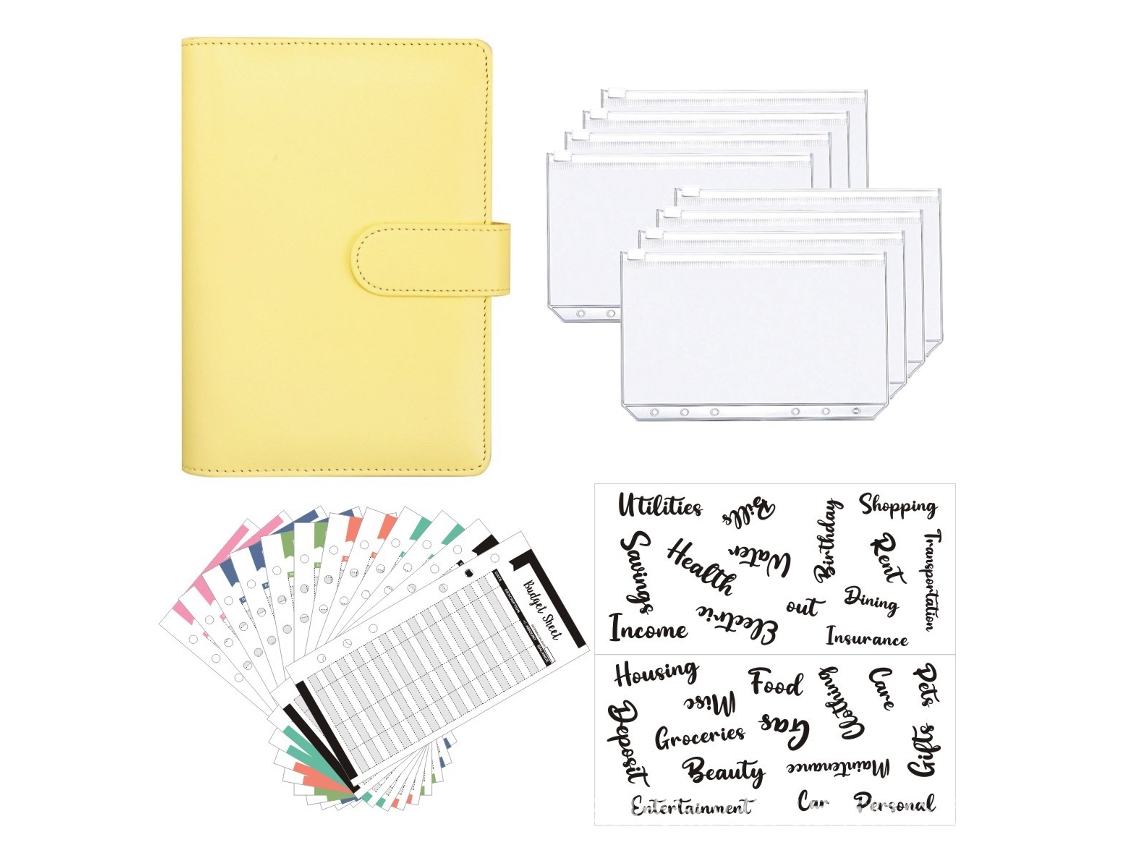 Pasta Tamanho A6 com 6 Furos, Bolsos, Zíper e Envelope Amarelo para Planejamento de Orçamento e Anotações. Ideal para Guardar Dinheiro BRILVIBERA