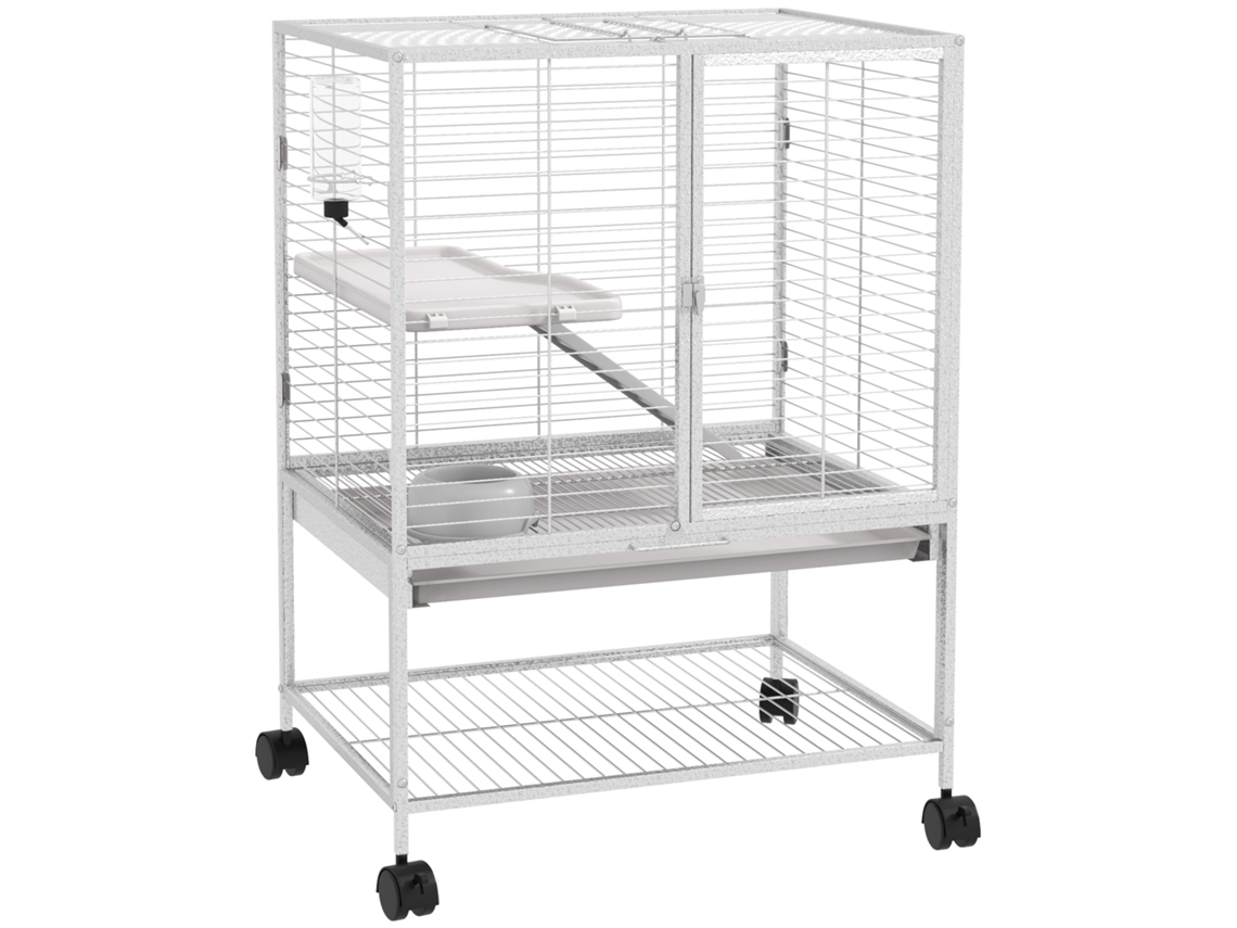 Gaiola para Pequenos Animais Sobre Rodas, 2 Níveis com 2 Portas, 1 Corrimão, 1 Prateleira de Armazenamento 61,5 X 44,5 X 86 Cm Cinza Ge