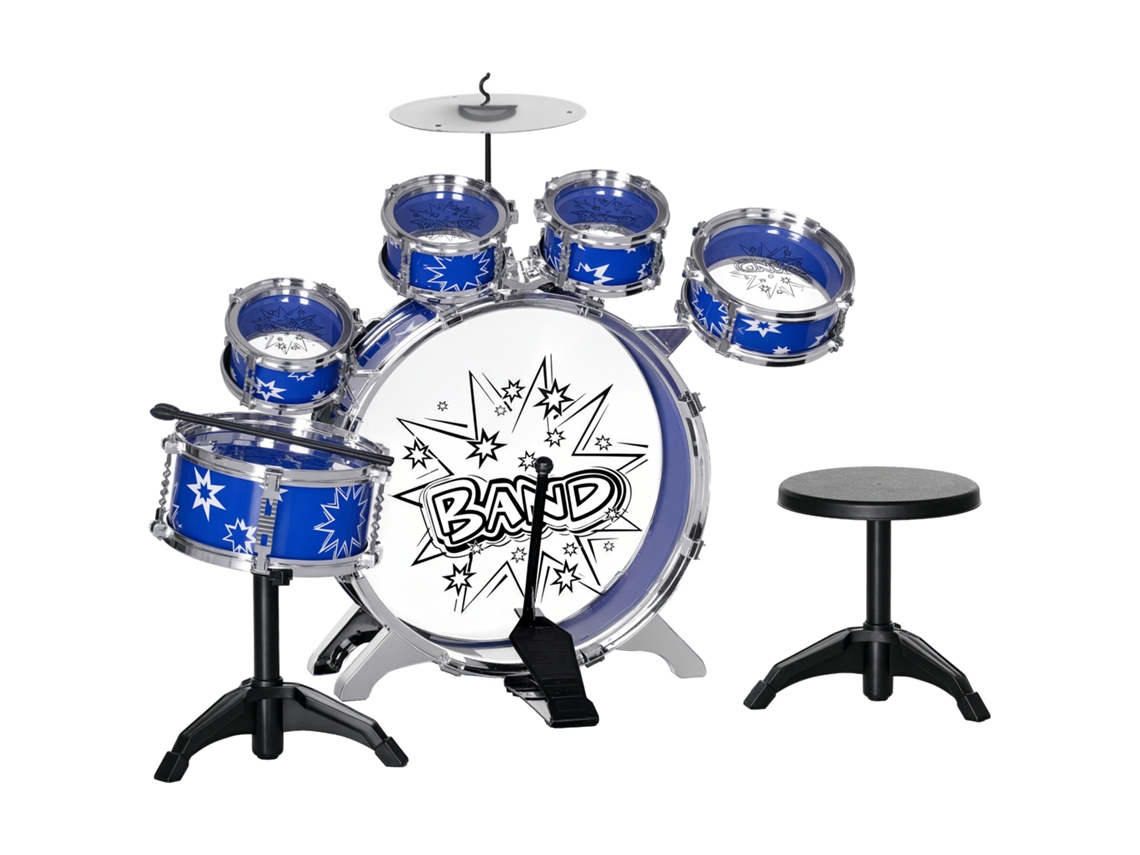 Bateria Infantil Com Bombo E Pedal, Bateria Média E Pequena Bateria, Prato E Banquinho, Jogo Musical Para Crianças De 3 A 6 Anos, Azul-xx