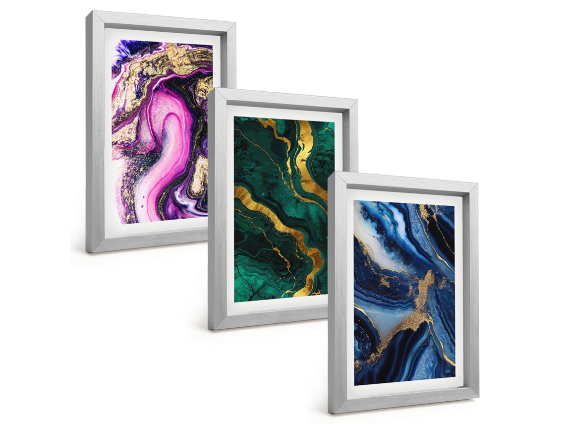 Conjunto De Pinturaspadrões Abstratos De Rosas, Vegetação Moldura Prateada Quadros Para A Sala De Estar Espelharte (3 Peças 20x30 Cm)