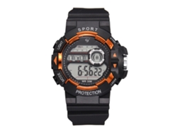 Relógio esportivo eletrônico masculino, à prova d'água, com pulseira de borracha laranja.