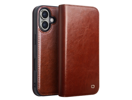 Qialino Capa Em Couro Genuíno Com Suporte E Porta Cartões Para Apple Iphone 16 - Castanho