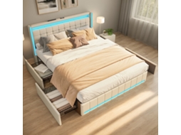 Cama De Casal Com 4 Gavetas De Ferro, 140x190 Cm, Com Iluminação Led, Porta-carregador Usb Na Cabeceira, Revestimento Em Linho,cor Bege,simurq
