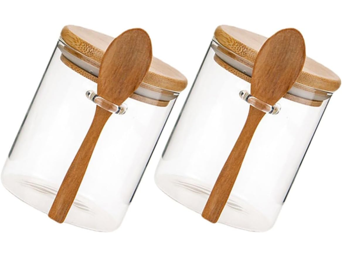2 Frascos De Vidro E Colher Com Tampa Bambu 500ml