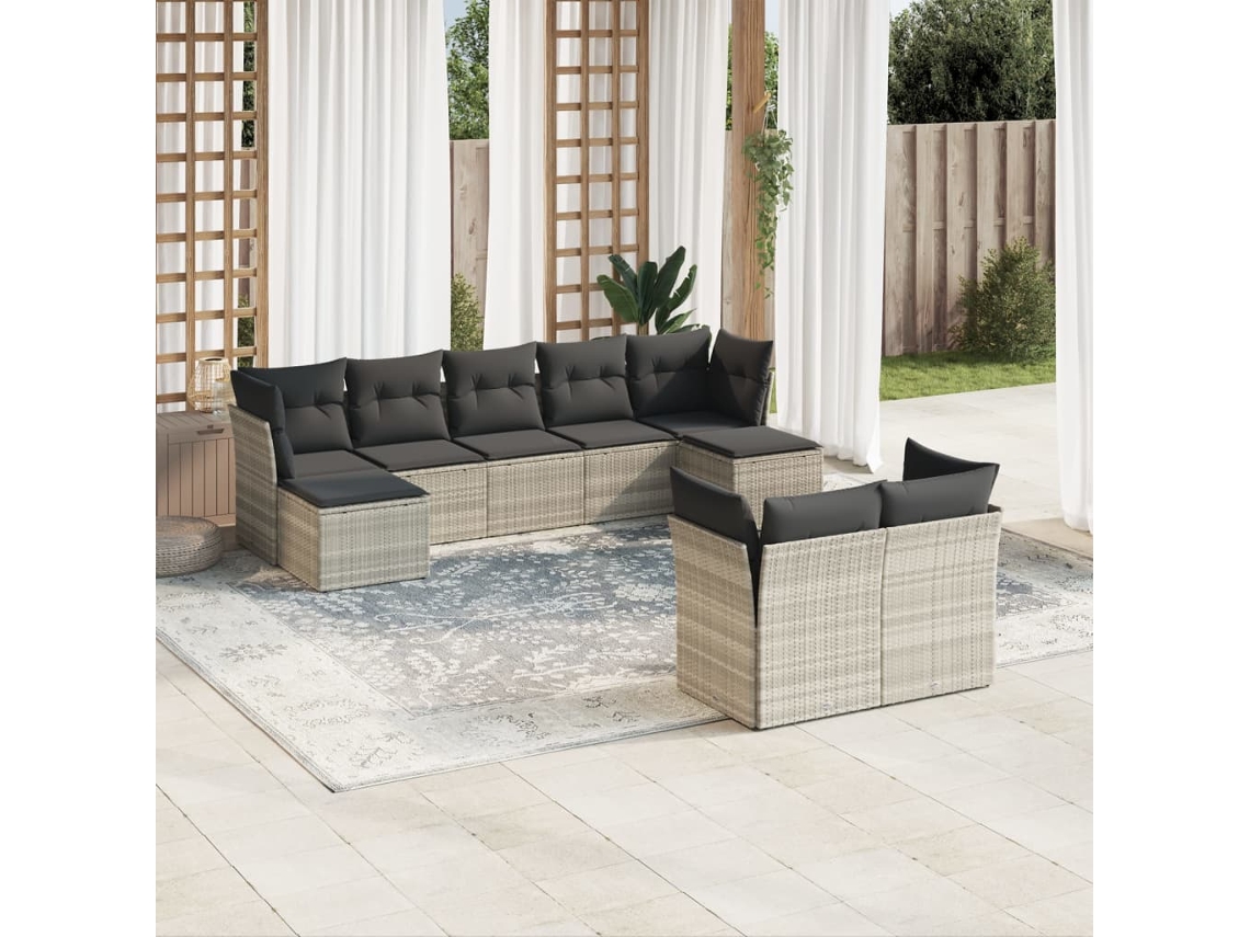 Vidaxl 9 Pcs Conj. Sofás Jardim Com Almofadões Vime Pe Cinzento-claro