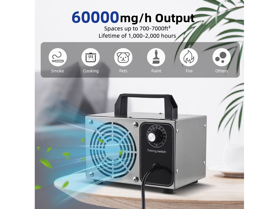 Gerador de ozônio 60000mg/h aço inoxidável purificador de ar remoção de odores com timer portátil S/MARCA