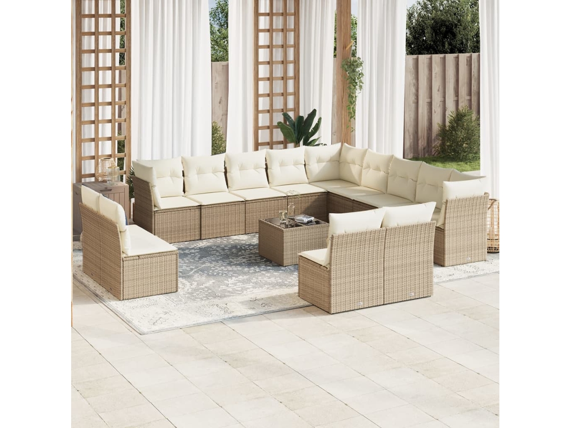 Vidaxl 14 Pcs Conjunto De Sofás P/ Jardim Com Almofadões Vime Pe Bege
