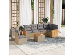 7 Pcs Conjunto De Sofás P/ Jardim Com Almofadões Vime Pe Bege Dkd Home Decor