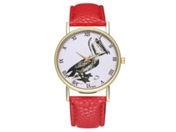 Relógio feminino de quartzo com pulseira de couro PU, mostrador redondo, estampa de pássaro vermelho, Zhoulianfa