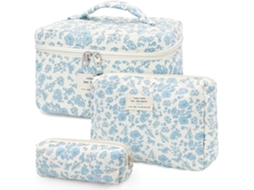 Necessaire De Algodão Acolchoado - 3 Peças - Conjunto Grande E Pequeno - Para Viagem (azul E Branco)