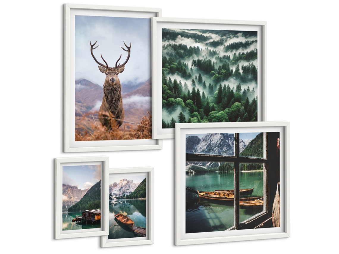 Pinturas Murais Modernas Montanha, Lago, Barco, Floresta, Neblina Moldura Branca Pinturas De Quarto Espelharte (conjunto De 5 Imagens)