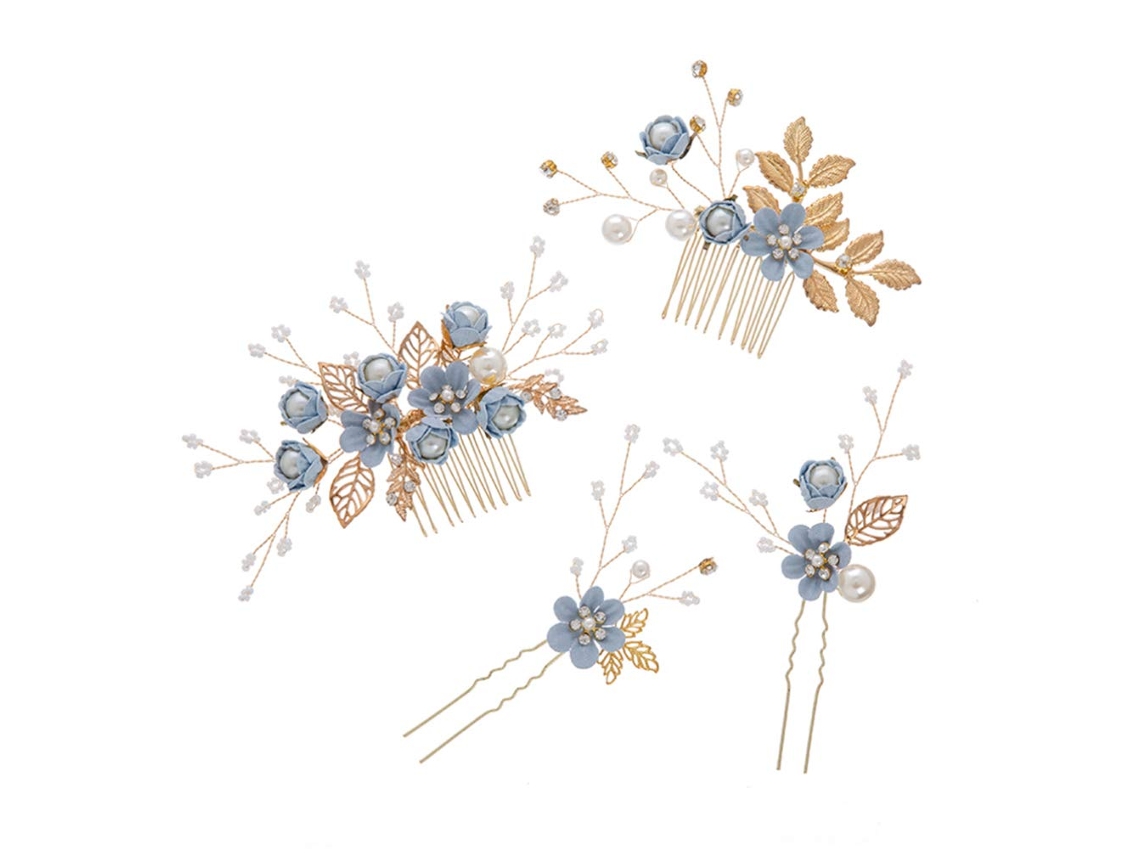 Conjunto De 4pcs Pente De Cabelo Para Casamento, Acessório Floral Com Pedras, Presilhas Para Cabelo Noiva, Acessórios Para Vestido De Noiva (azul)