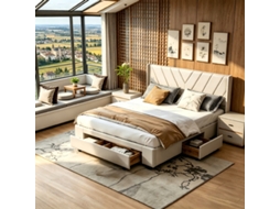 Cama com Armazenamento 140x190, 3 Gavetas, Base de Ripas, Bege, Sem Colchão, MDF | S/MARCA