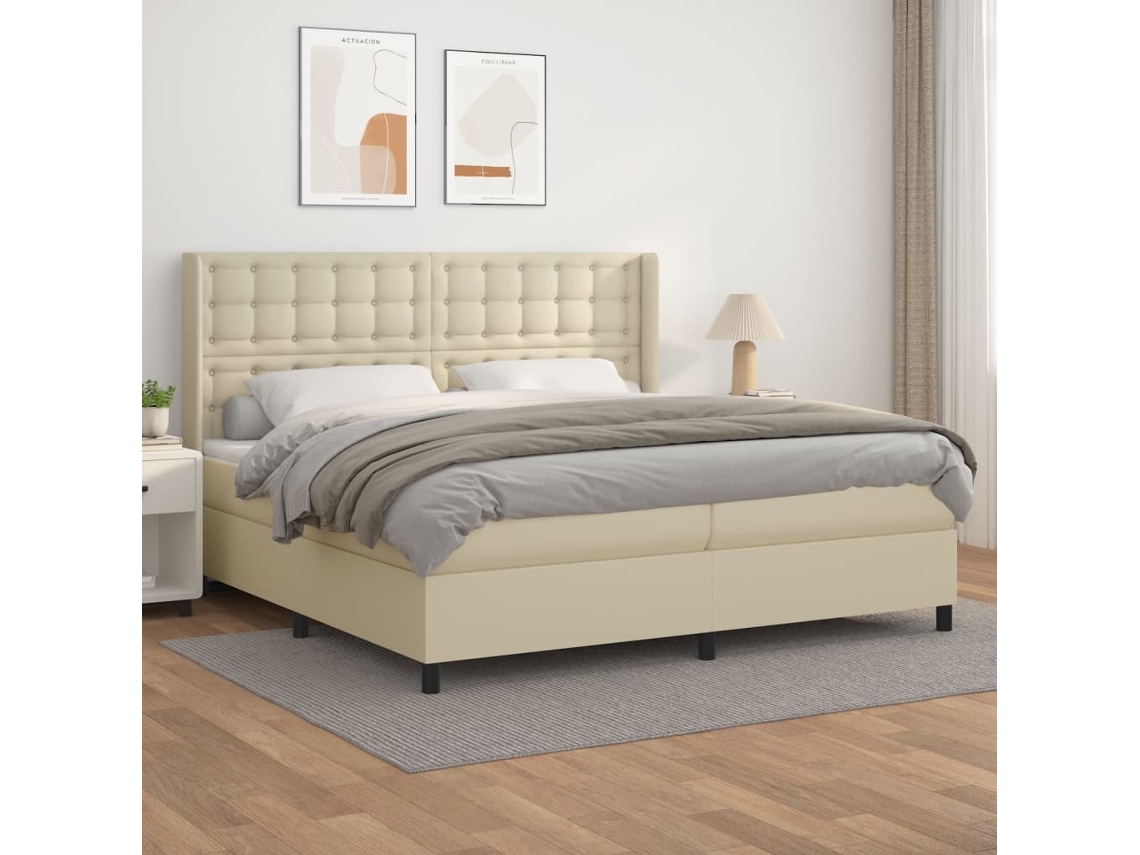 Vidaxl Cama Com Molas/colchão 200x200 Cm Couro Artificial Cor Creme