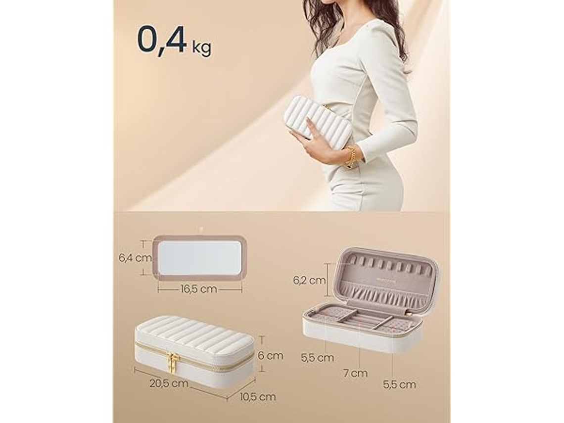 Caixa de Joias Turismo, Pequena com Espelho, 10,5 X 20,5 6 Cm, em Pu, Costuras e Fecho Deslizante, Ideal para Presente Resistente a Água STELASPLEN
