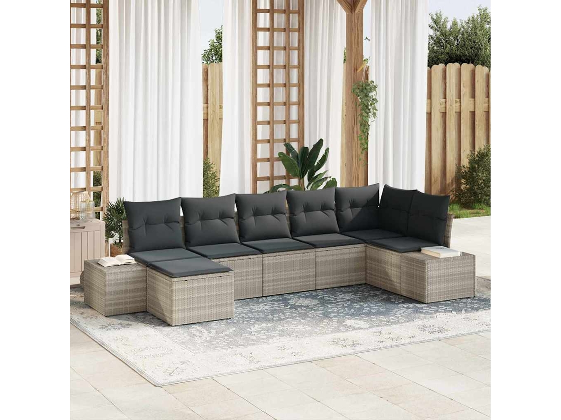 Vidaxl Conjunto De Sofá De Jardim 7 Pcs Cinzento-claro Vime Pe