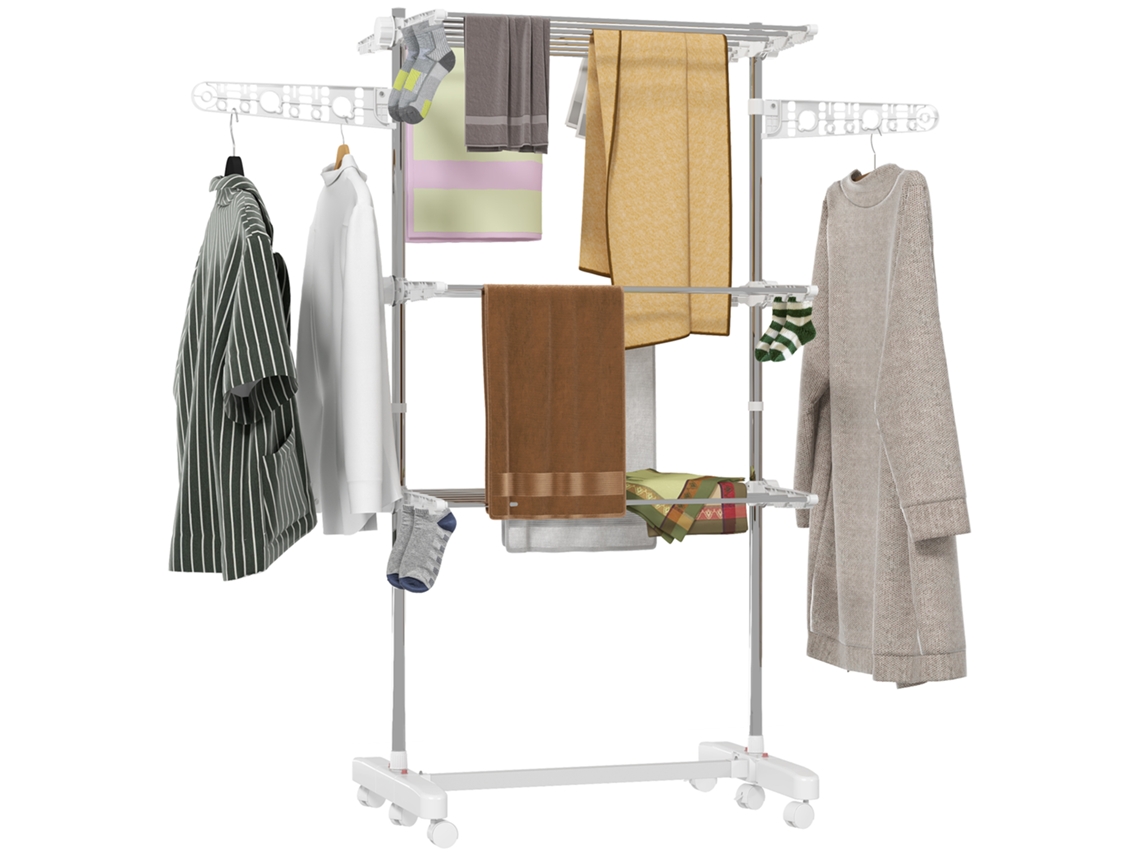 Varal de Roupa Portátil, 3 Níveis, Dobrável, Prata + Branco SOLENNE VALEURS