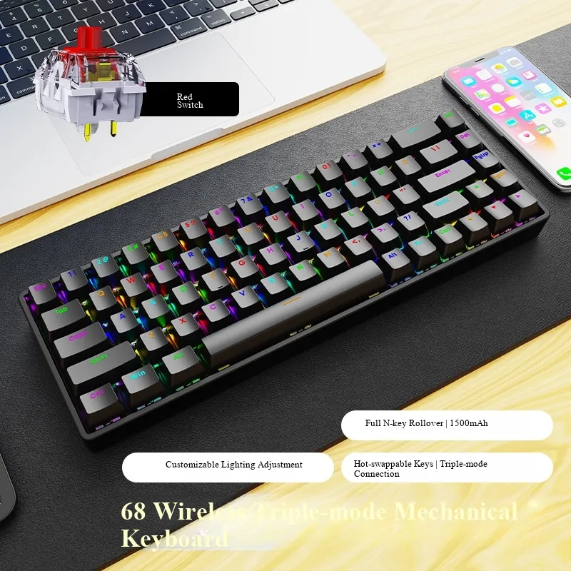 Ak68 Teclado Mecânico Personalizado Com 3 Modos Sem Fio - Teclas Vermelhas - Preto